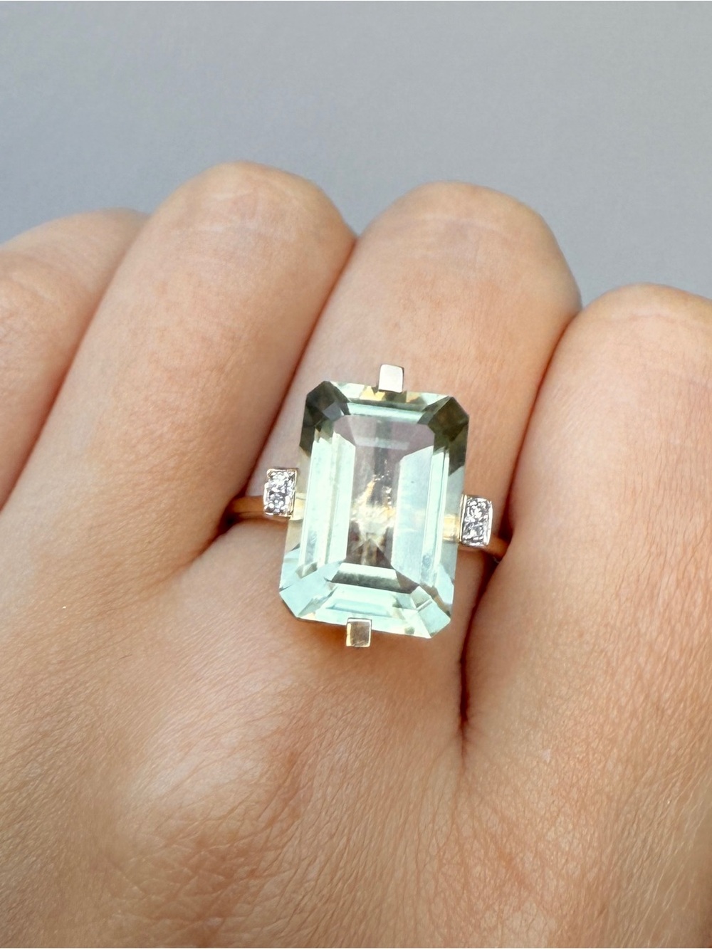 Aquamarine Emerald-Cut Ring with Diamond Accents - Light Blue